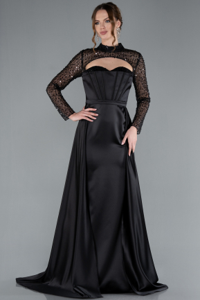 Robe de Soirée Longue Satin Noir ABU4765