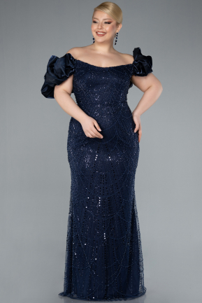 Robe De Fiançailles Grande Taille Longue Perlé Bleu Marine ABU4788