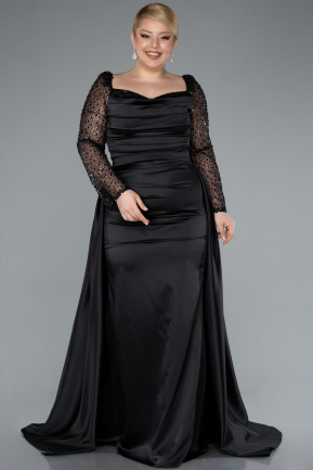 Robe Grande Taille Satin Longue Noir ABU4670