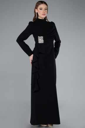Tenue de Soirée Voilée Longue Mousseline Noir ABU4879