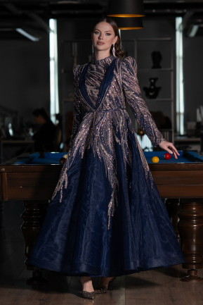 Robe de Soirée Voilée Midi Bleu Marine ABK2311
