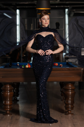 Robe de Soirée Longue Squameuse Bleu Marine ABU4910