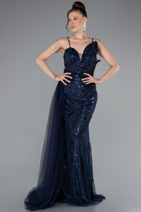 Robe de Soirée Longue Perlé Bleu Marine ABU5003