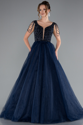 Robe De Fiançailles Grande Taille Longue Bleu Marine ABU5048
