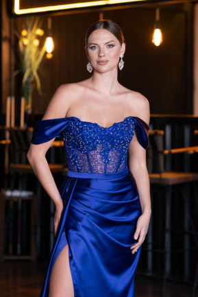 Robe de Soirée Longue Satin Bleu Saxe ABU6140