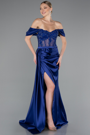 Robe De Soirée Satin Longue Bleu Marine ABU6140