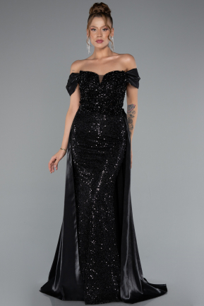 Robe de Soirée Longue Perlé Noir ABU5099