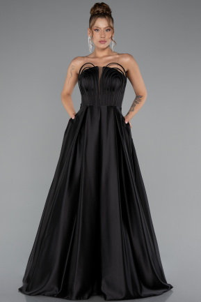 Robe de Soirée Longue Satin Noir ABU5105