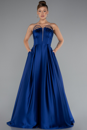 Robe de Soirée Longue Satin Bleu Saxe ABU5105