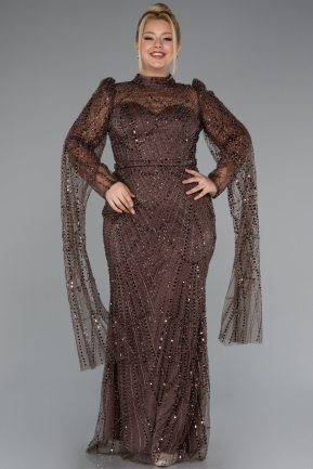 Robe De Fiançailles Grande Taille Longue Perlé Brun ABU5153