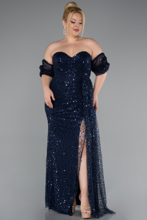 Robe De Soirée Grande Taille Longue Squameuse Bleu Marine ABU5077