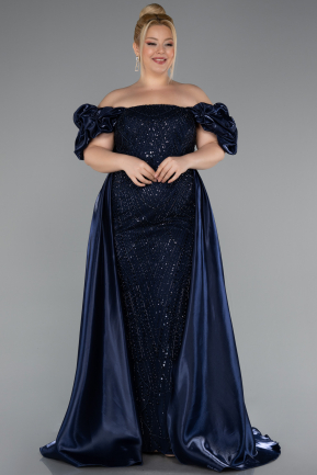 Robe de Soirée Grande Taille Longue Perlé Bleu Marine ABU5155