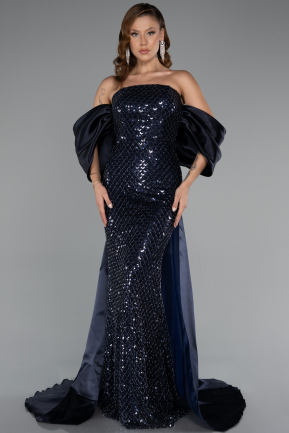 Robe de Soirée Longue Perlé Bleu Marine ABU5169