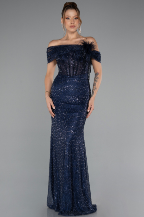 Robe de Soirée Longue Perlé Bleu Marine ABU5183