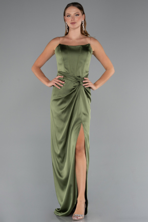 Robe De Soirée Satin Longue Kaki ABU3474