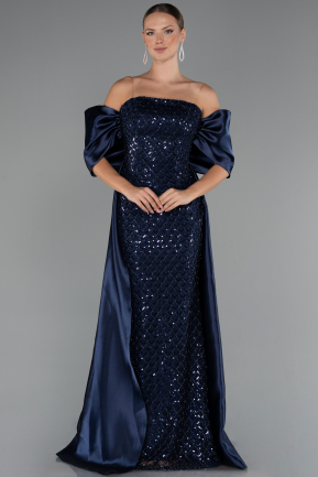 Robe de Soirée Longue Perlé Bleu Marine ABU5234