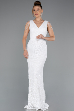 Robe Queue De Poisson Squameuse Longue Blanc ABU3842
