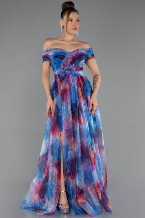 Robe de Soirée Longue Bleu Saxe ABU5262