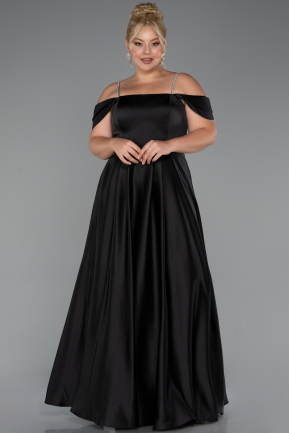 Robe de Soirée Grande Taille Longue Satin Noir ABU5251