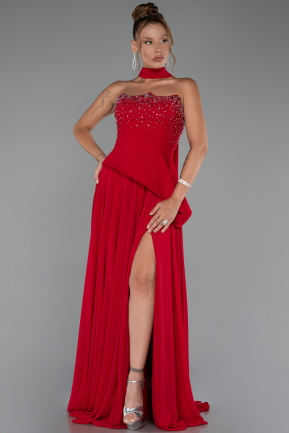 Robe de Soirée Longue Mousseline Rouge ABU5280