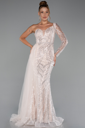 Robe De Fiançailles Grande Taille Longue Perlé Poudre ABU5273