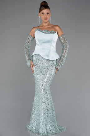 Robe de Soirée Longue Perlé Menthe ABU5303