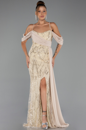 Robe de Soirée Longue Perlé Beige ABU5316