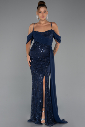 Robe de Soirée Longue Perlé Bleu Marine ABU5316