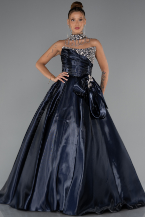 Robe de Soirée Longue Satin Bleu Marine ABU5324