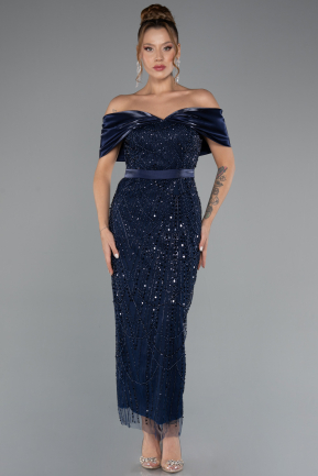 Robe De Soirée Midi Perlé Bleu Marine ABK2453