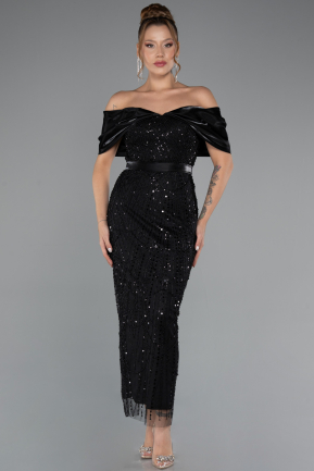 Robe De Soirée Midi Perlé Noir ABK2453