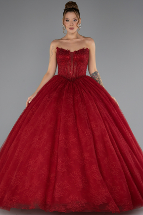 Robe de Fiançailles Design Personnalisé Longue Dantelle Rouge ABU5375