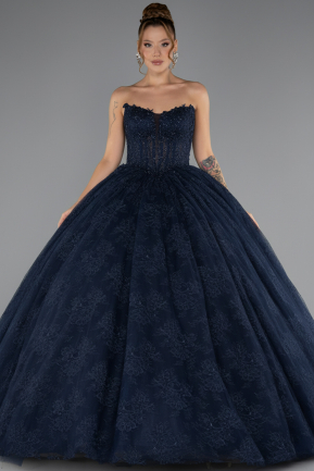 Robe De Fiançailles Grande Taille Longue Dantelle Bleu Marine ABU5376