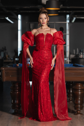 Robe de Soirée Longue Dantelle Rouge ABU5102
