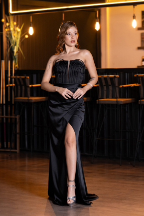 Robe de Soirée Longue Satin Noir ABU5417