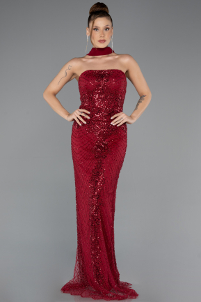 Robe de Soirée Longue Perlé Rouge Bordeaux ABU5438