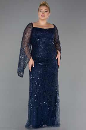 Robe De Soirée Grande Taille Longue Perlé Bleu Marine ABU5067