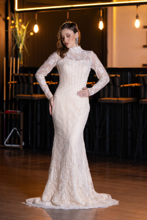 Haute Couture Robe Longue Dantelle Or ABU5462