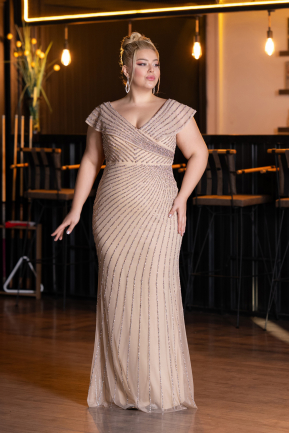Robe de Soirée Grande Taille Longue Pierreux Beige ABU5439