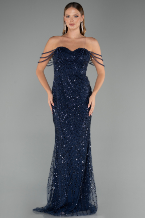 Robe de Soirée Longue Perlé Bleu Marine ABU5477