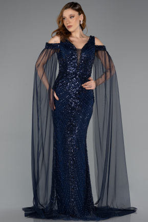Robe de Soirée Longue Perlé Bleu Marine ABU5497