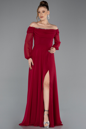 Robe de Soirée Longue Mousseline Rouge Bordeaux ABU5591