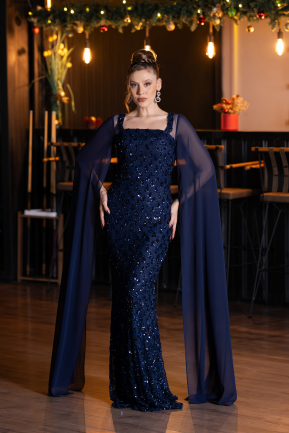 Robe de Soirée Longue Squameuse Bleu Marine ABU5589