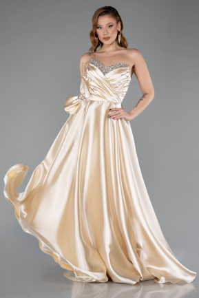 Robe de Soirée Longue Satin Beige ABU5929