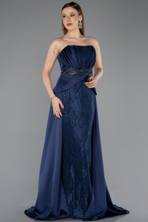 Robe de Soirée Longue Dantelle Bleu Marine ABU5615