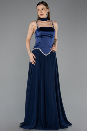 Robe de Soirée Longue Mousseline Bleu Marine ABU5619