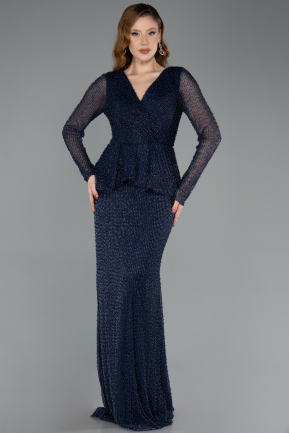 Robe de Soirée Longue Perlé Bleu Marine ABU5648