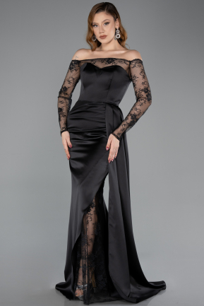 Robe Queue de Poisson Longue Satin Noir ABU5641