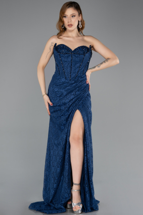 Robe de Soirée Longue Lacé Bleu Marine ABU5642
