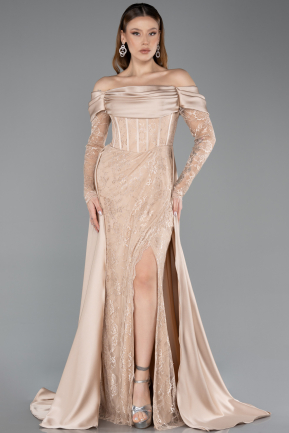 Robe de Soirée Longue Dantelle Beige ABU5653
